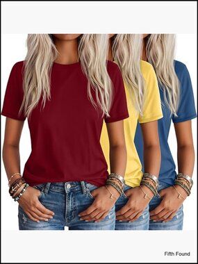 3 Pack Short Sleeve Loose Fit Tunic Tops Crew Neck Basic Tees Curved Hem Blouses